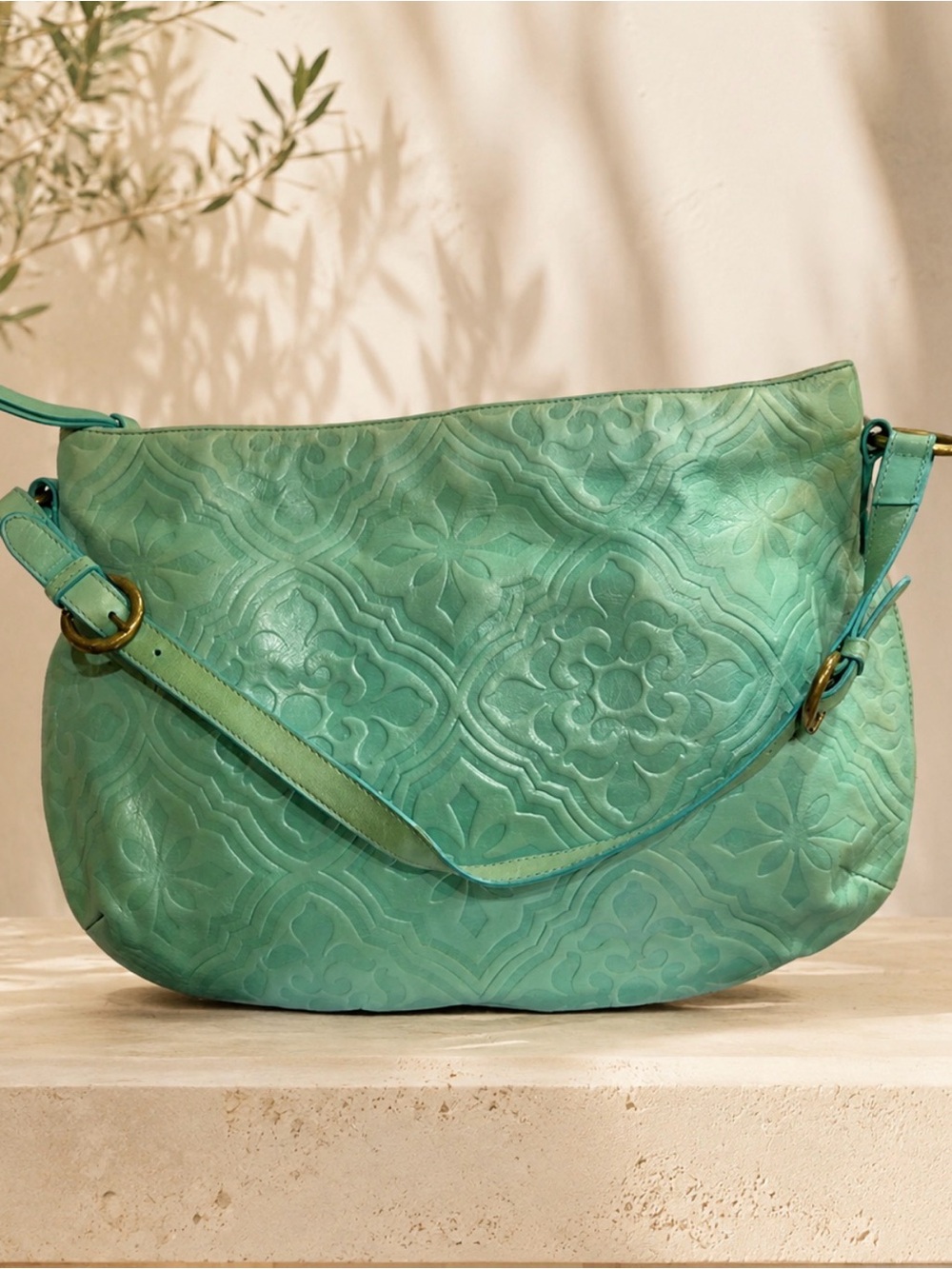 HOBO Teal Embossed Leather Shoulder Bag